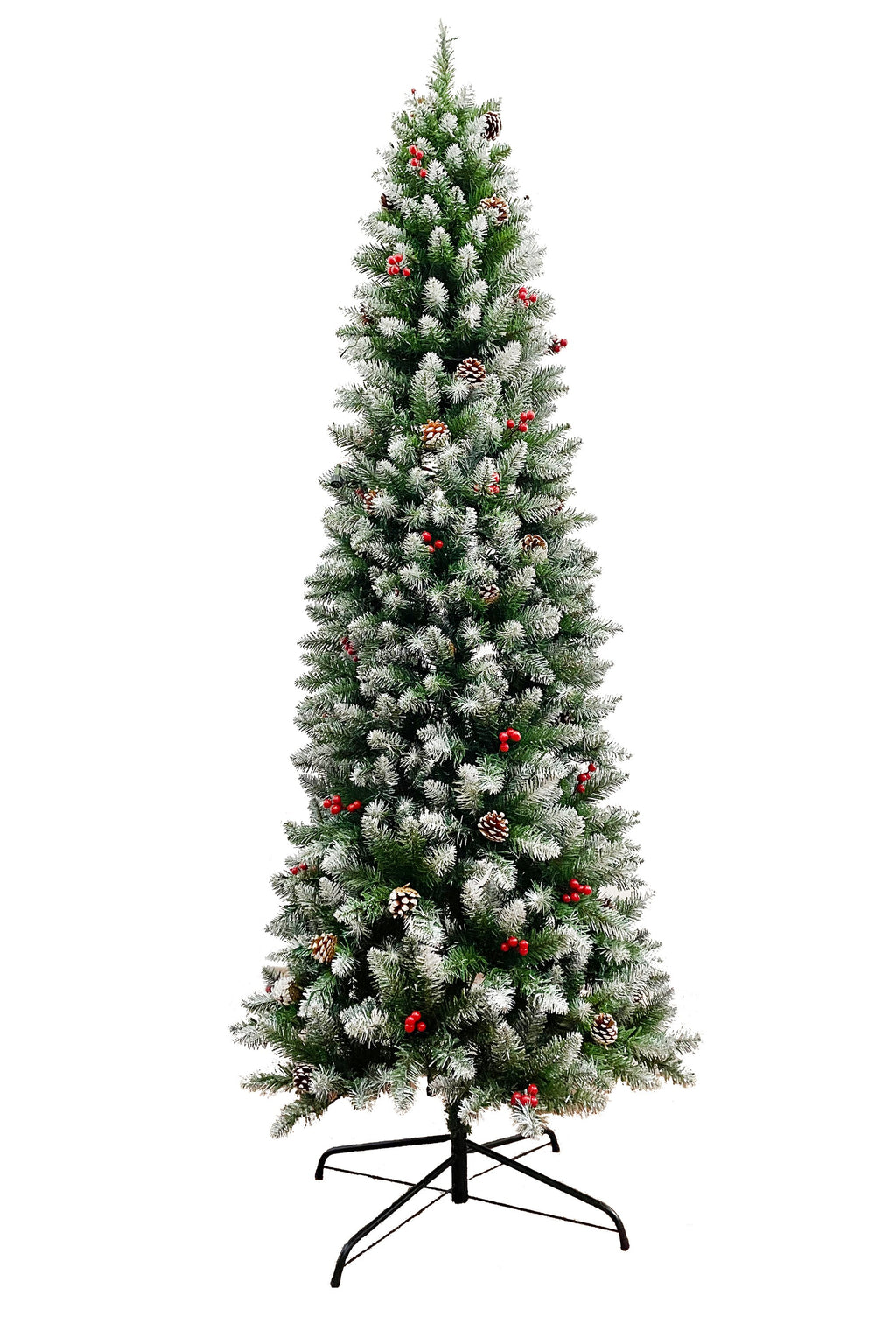 Perfect Holiday Home Decor Frosted Norwood Pencil Pine with Pine Cones & Red Berries and Metal Stand
