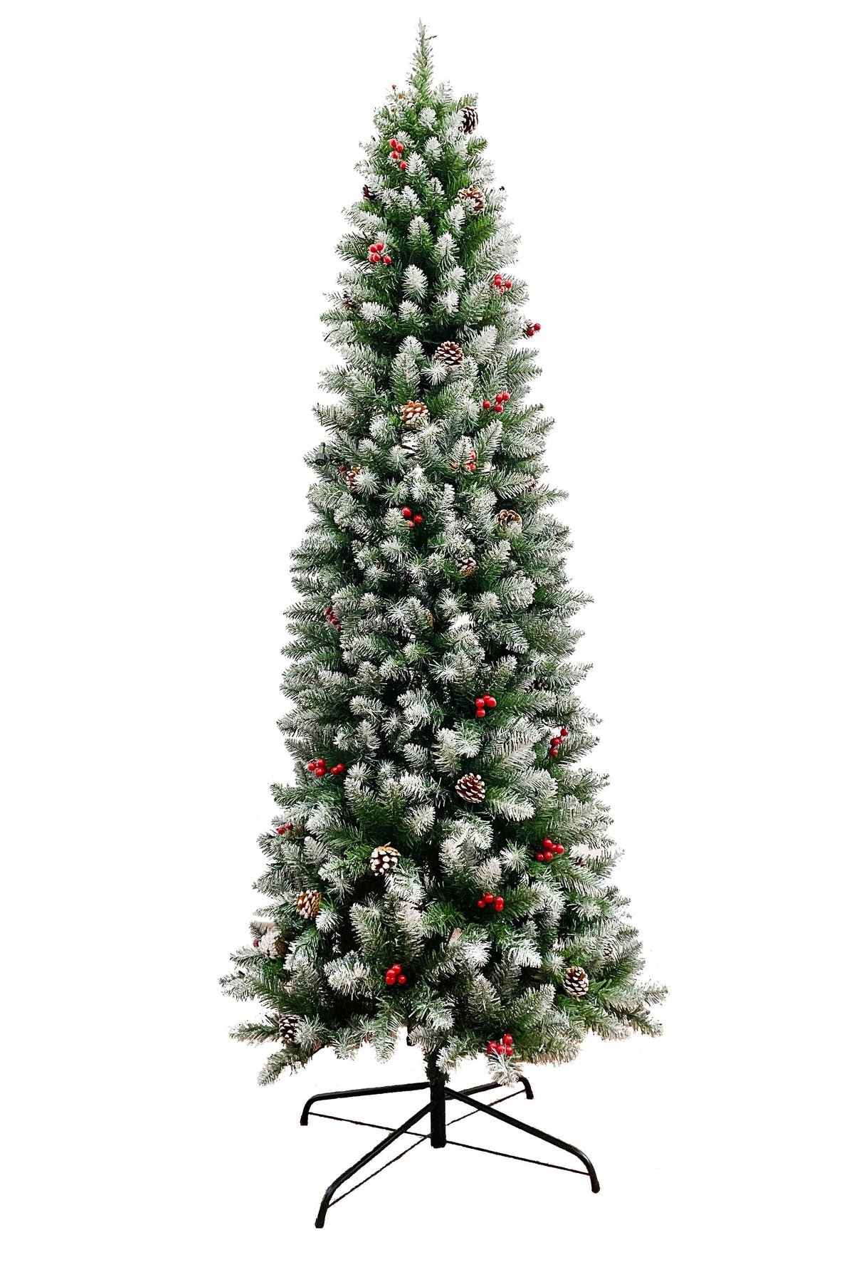Perfect Holiday Home Decor Frosted Norwood Pencil Pine with Pine Cones & Red Berries and Metal Stand