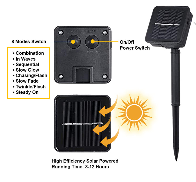 8 modes switch 200 LED Solar Powered Outdoor String Light
