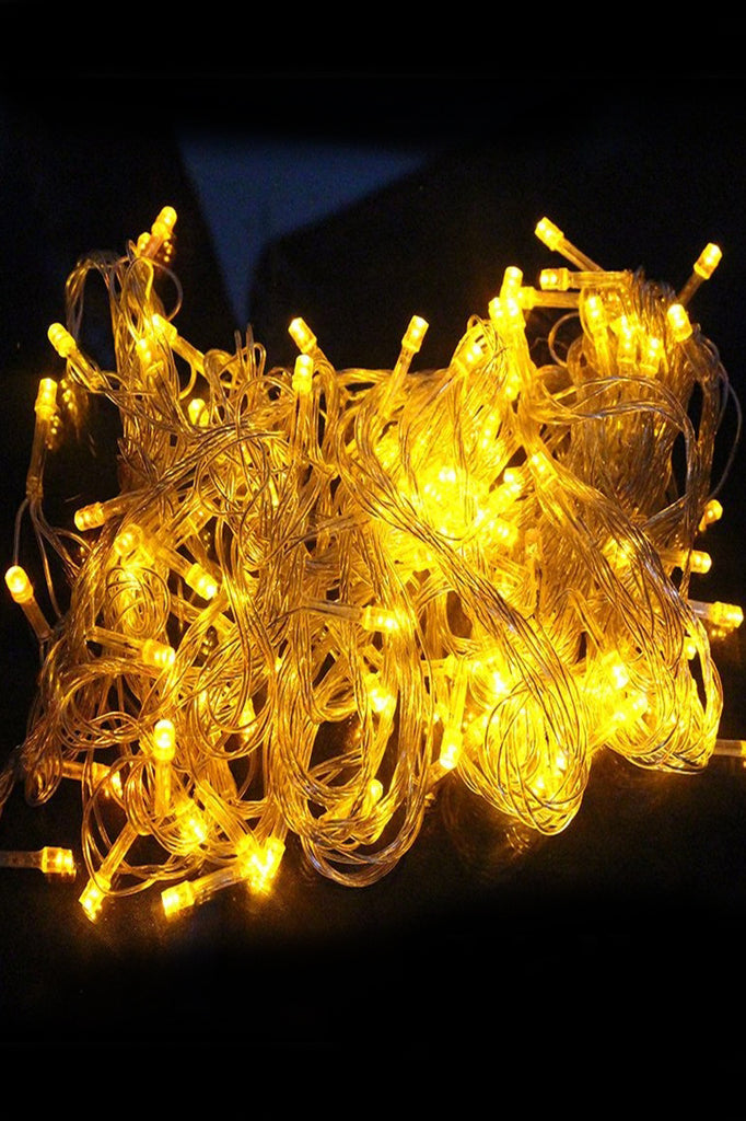 Golden Yellow 100 LED Multifunction 32' String Faire Lights with Flexible Clear Cable - Plug in