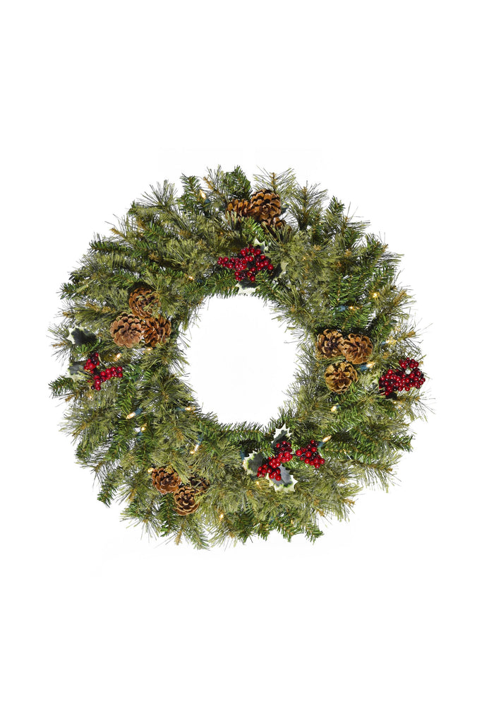 24" Pre-lit Cheyenne Pine Wreath with Pine Cones & Holly Berry Clusters
