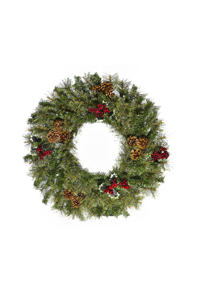24" Cheyenne Pine Wreath with Pine Cones & Holly Berry Clusters