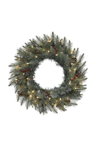 24" Pre-lit Carolina Spruce Wreath with Pine Cones & Red Berry Clusters