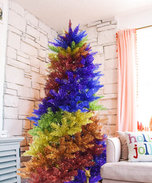 6.5' Rainbow Swirl Tinsel Christmas Tree with Red Stand