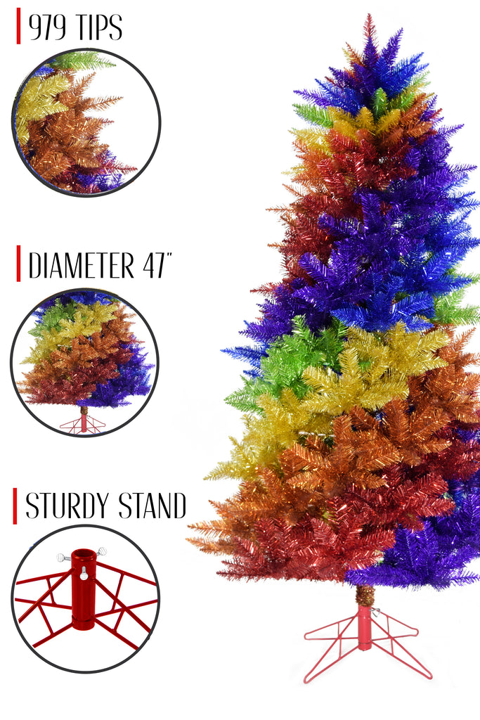 6.5' Rainbow Swirl Tinsel Christmas Tree with Red Stand- 47' Diameter -Decor